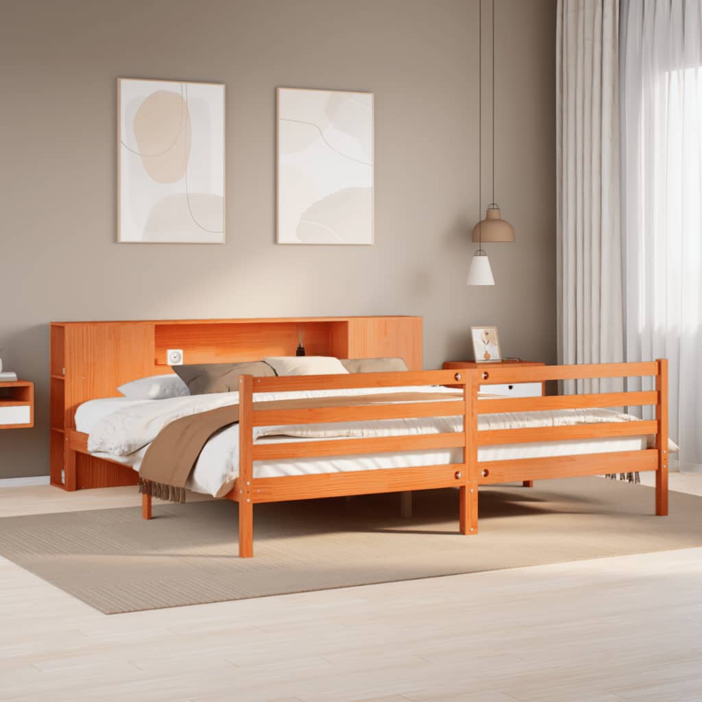 Bed met boekenkast zonder matras grenenhout wasbruin 200x200 cm – afbeelding 1