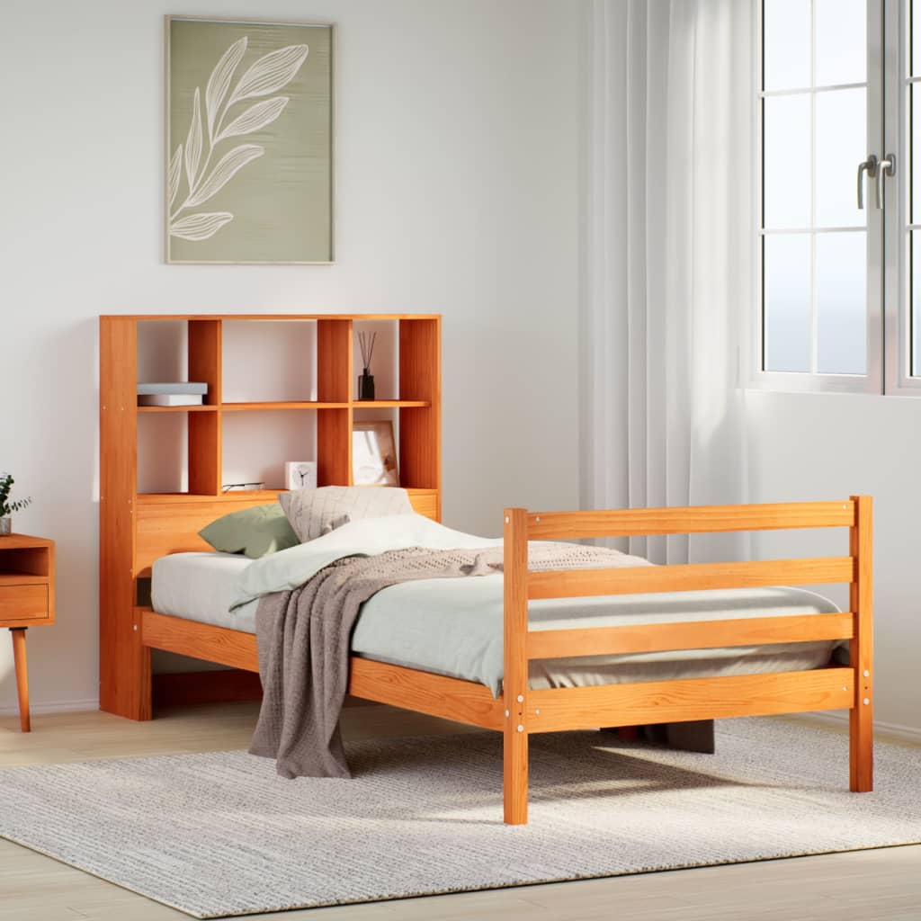 Bed met boekenkast zonder matras massief hout wasbruin 75x190cm – afbeelding 1