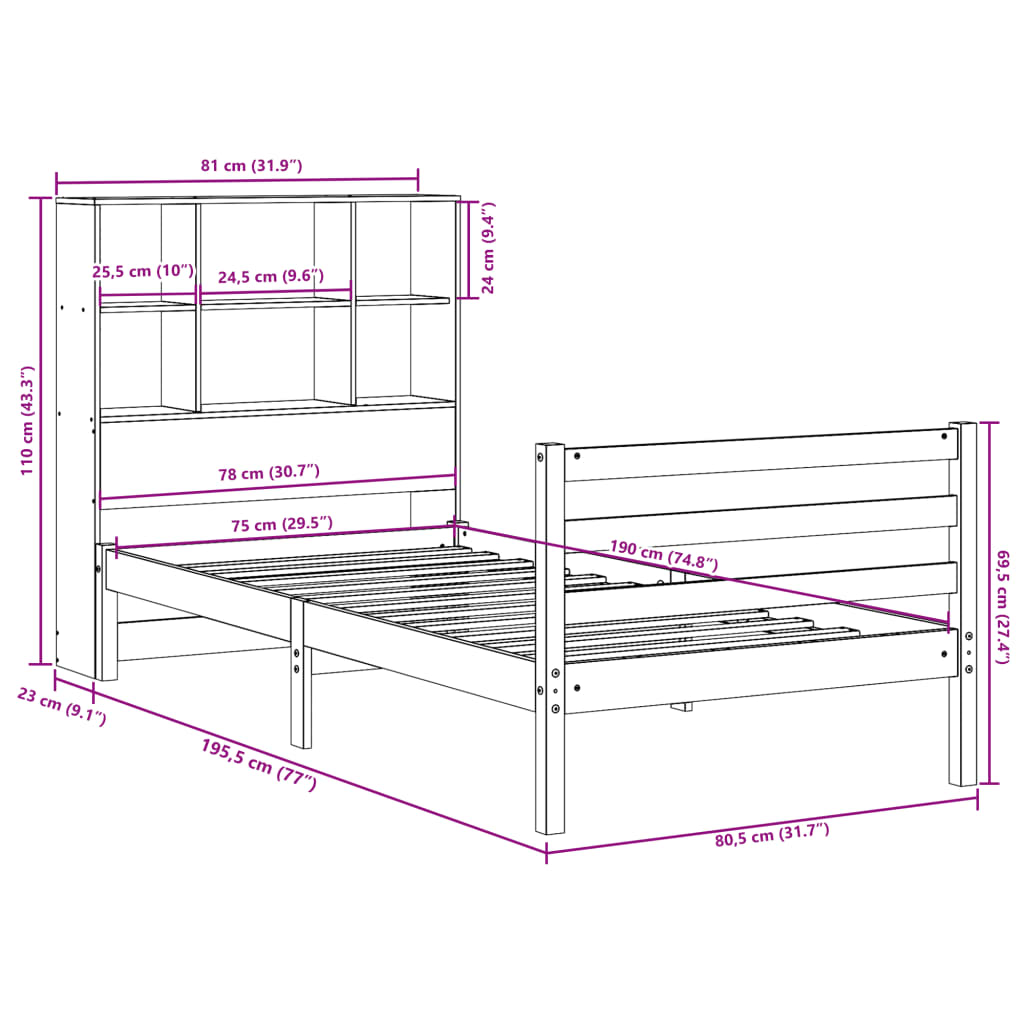 Bed met boekenkast zonder matras massief hout wasbruin 75x190cm – afbeelding 11