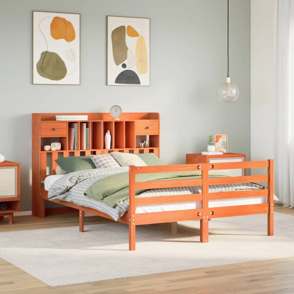 Bed met boekenkast zonder matras grenenhout wasbruin 150x200 cm – afbeelding 1