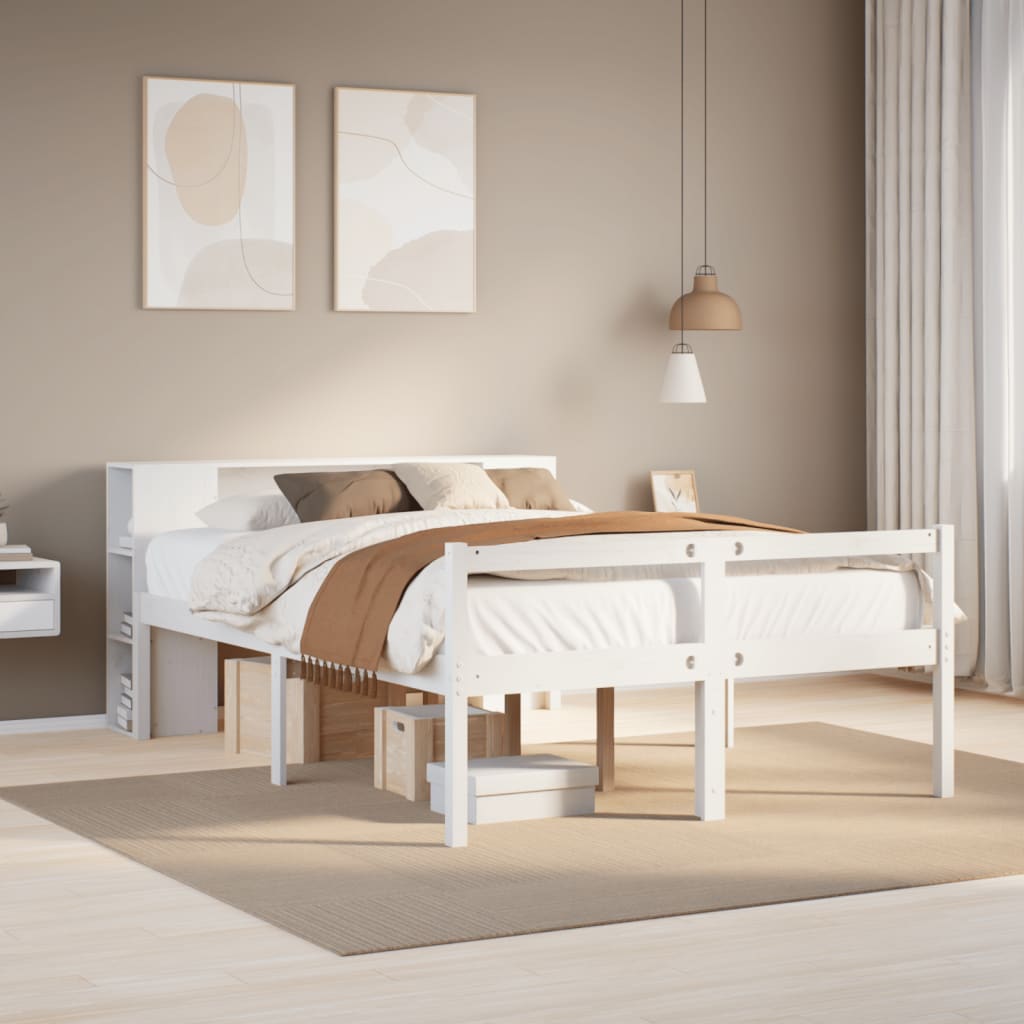 Bed met boekenkast zonder matras grenenhout wit 150x200 cm – afbeelding 1