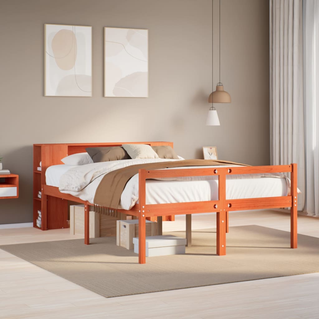 Bed met boekenkast zonder matras hout wasbruin 135x190 cm – afbeelding 1