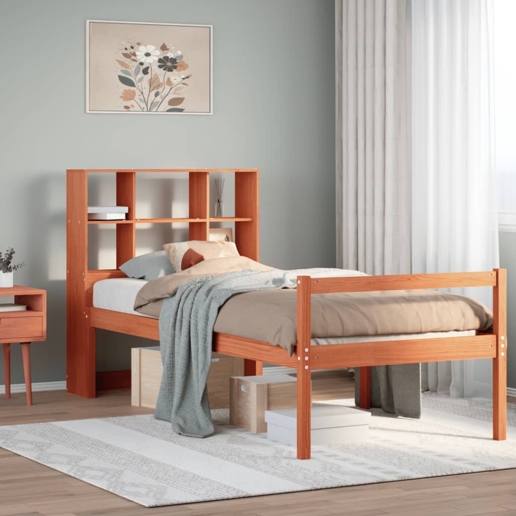 Bed met boekenkast zonder matras massief hout wasbruin 75x190cm – afbeelding 1