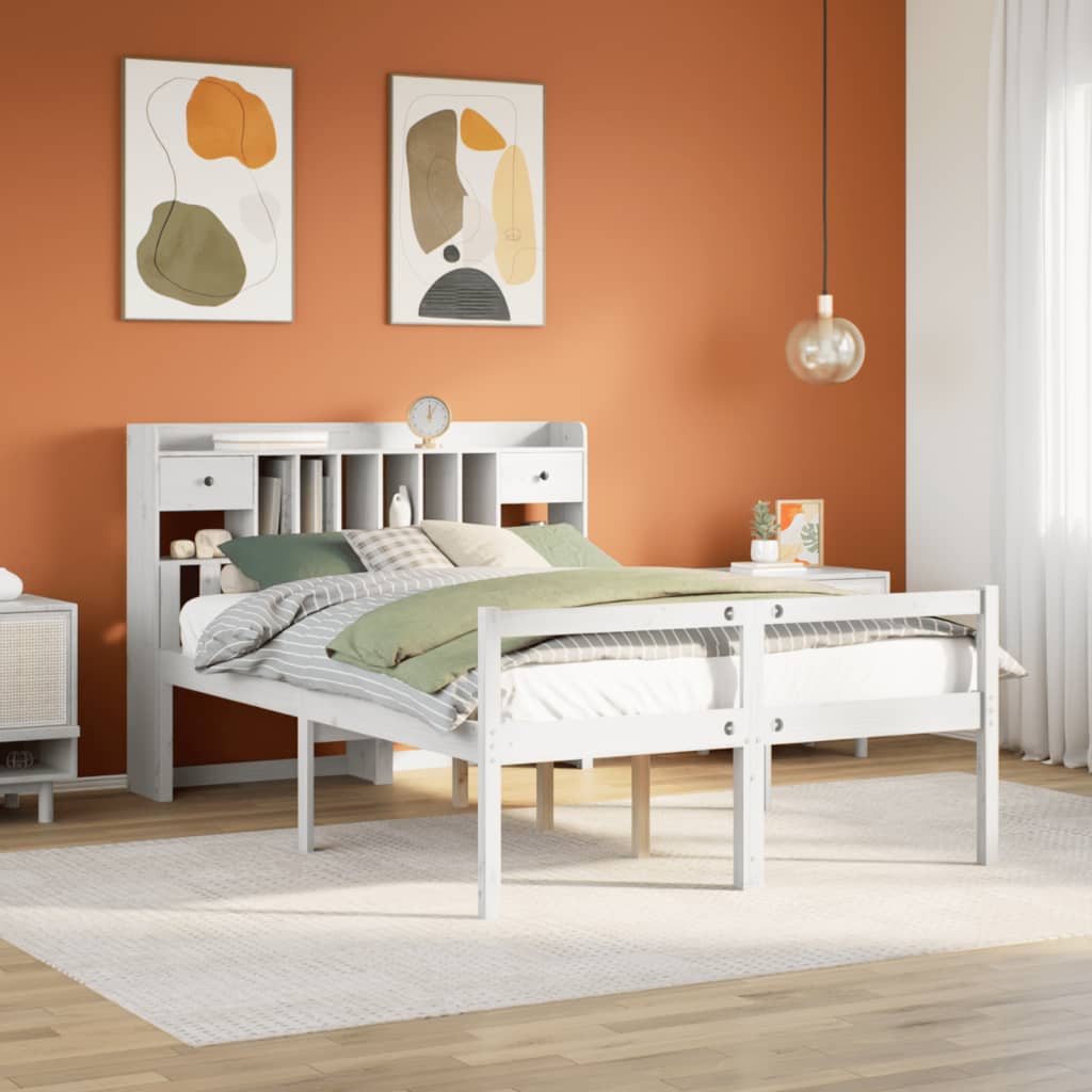 Bed met boekenkast zonder matras grenenhout wit 140x190 cm – afbeelding 1