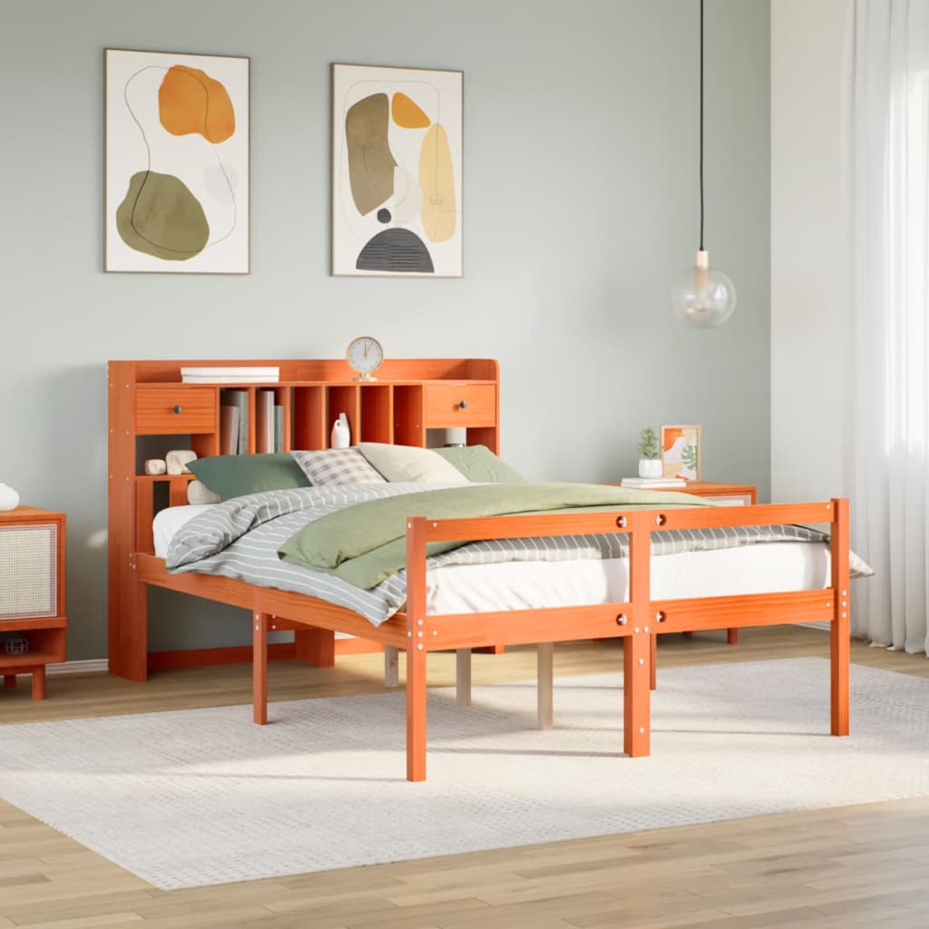 Bed met boekenkast zonder matras grenenhout wasbruin 150x200 cm – afbeelding 1