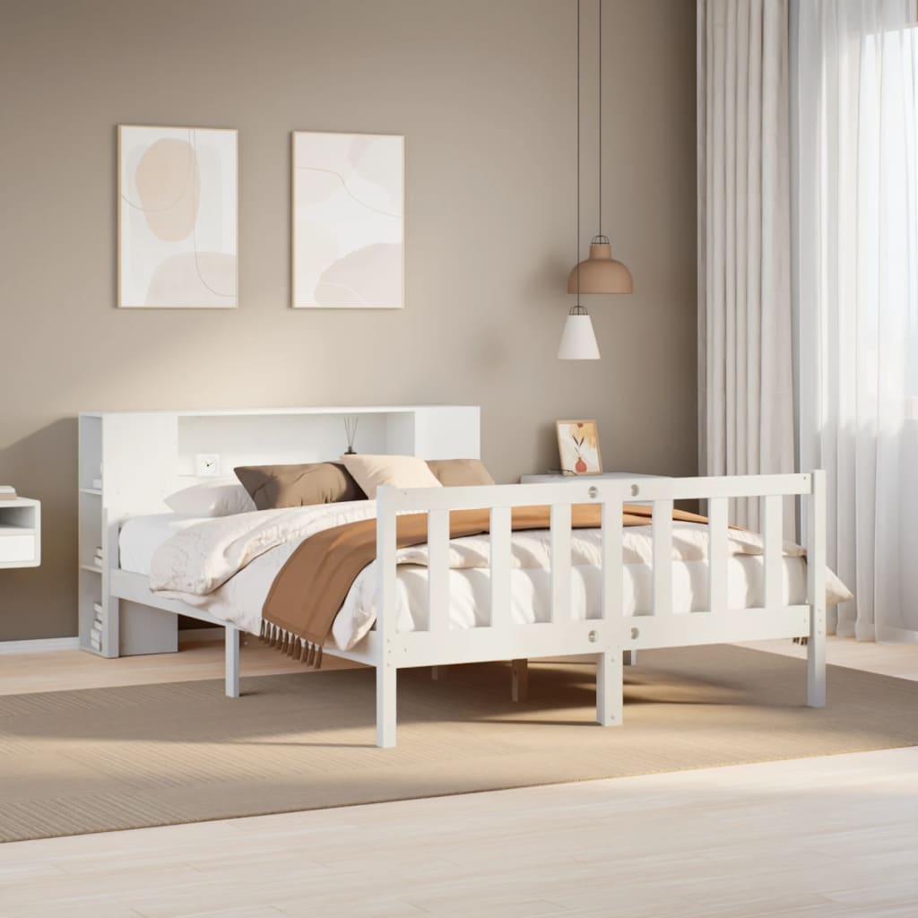 Bed met boekenkast zonder matras grenenhout wit 150x200 cm – afbeelding 1