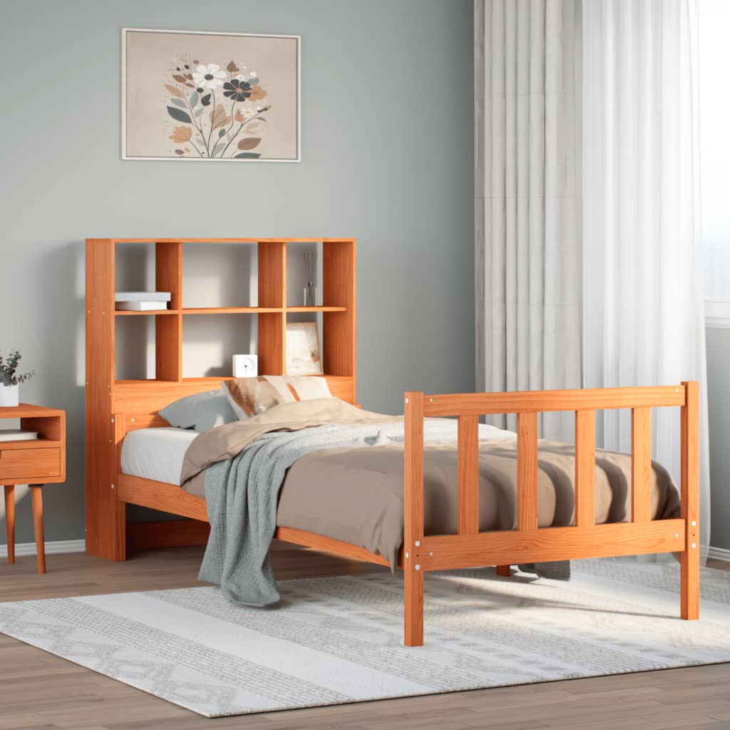 Bed met boekenkast zonder matras massief hout wasbruin 75x190cm – afbeelding 1
