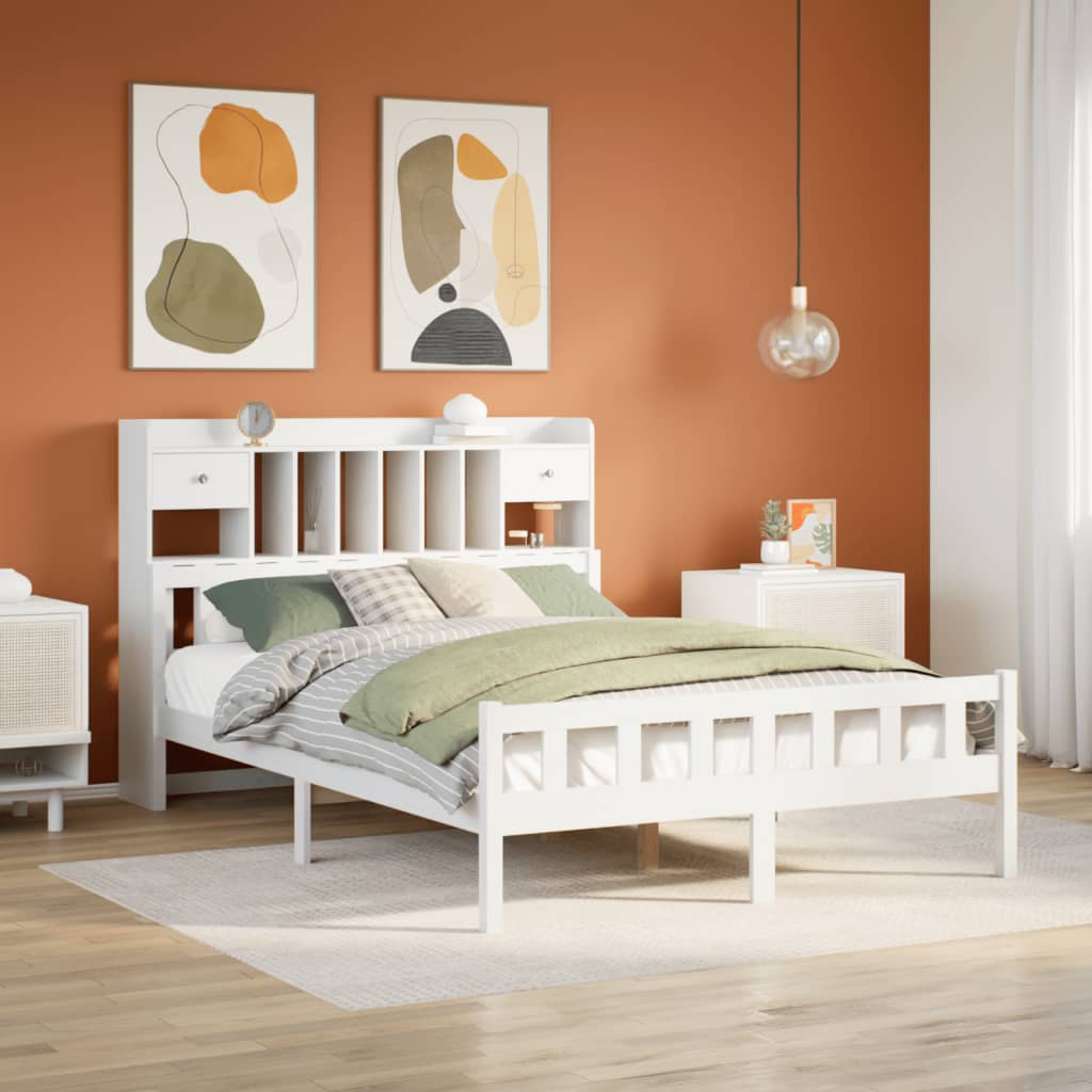Bed met boekenkast zonder matras grenenhout wit 150x200 cm – afbeelding 1