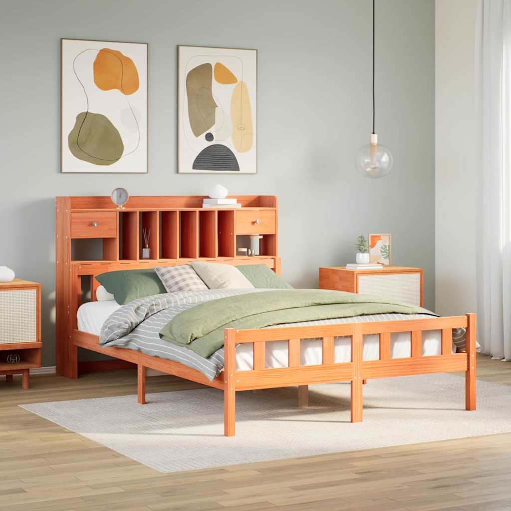 Bed met boekenkast zonder matras grenenhout wasbruin 150x200 cm – afbeelding 1