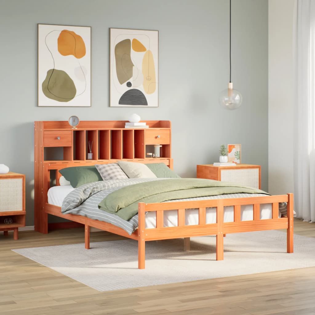 Bed met boekenkast zonder matras grenenhout wasbruin 160x200 cm – afbeelding 1