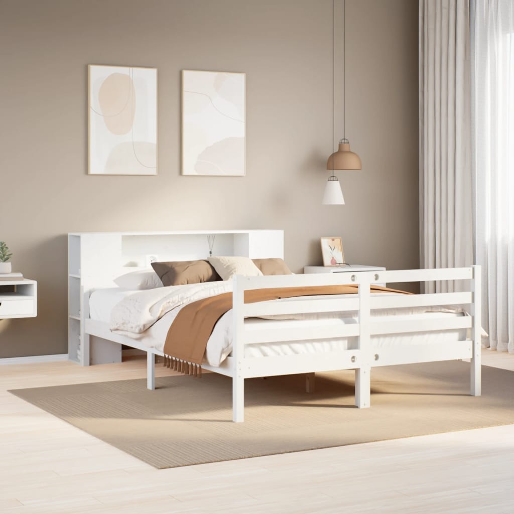 Bed met boekenkast zonder matras grenenhout wit 150x200 cm – afbeelding 1