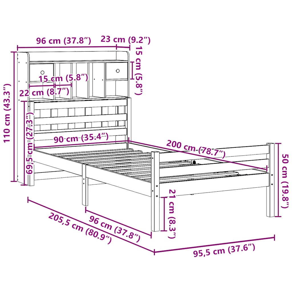 Bed met boekenkast zonder matras massief grenenhout 90x200 cm – afbeelding 11