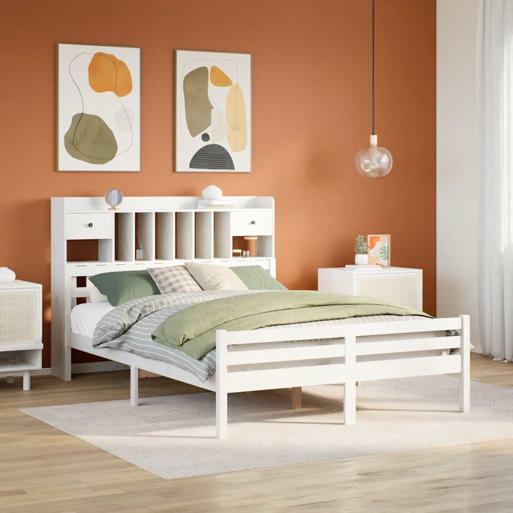 Bed met boekenkast zonder matras grenenhout wit 150x200 cm – afbeelding 1