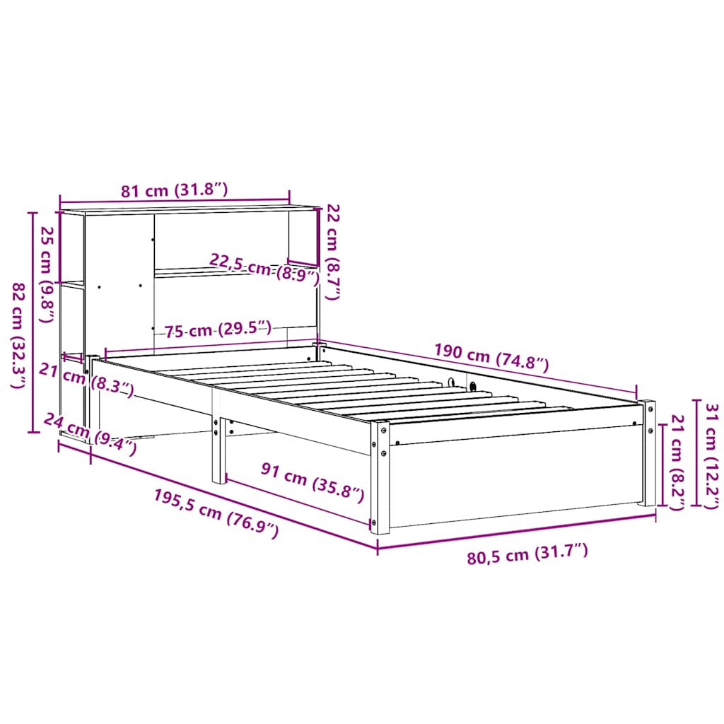 Bed met boekenkast zonder matras grenenhout wit 75x190 cm – afbeelding 11