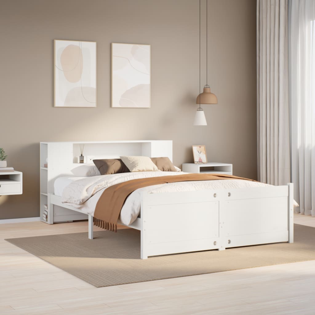 Bed met boekenkast zonder matras grenenhout wit 150x200 cm – afbeelding 1