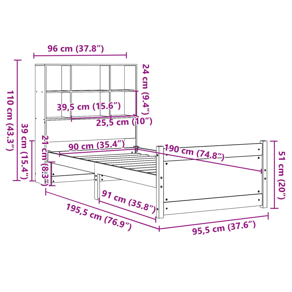 Bed met boekenkast zonder matras massief grenenhout 90x190 cm – afbeelding 11