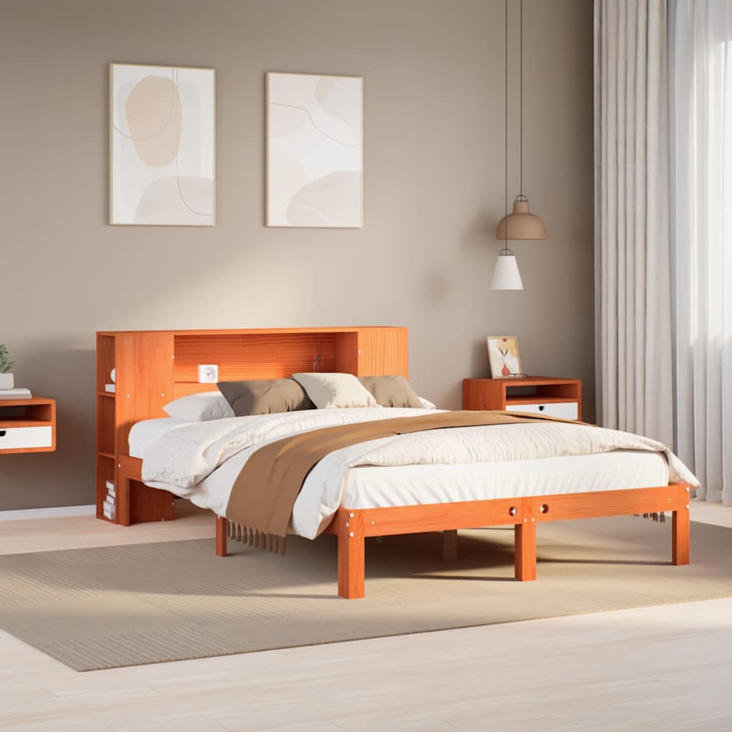 Bed met boekenkast zonder matras grenenhout wasbruin 135x190 cm – afbeelding 1