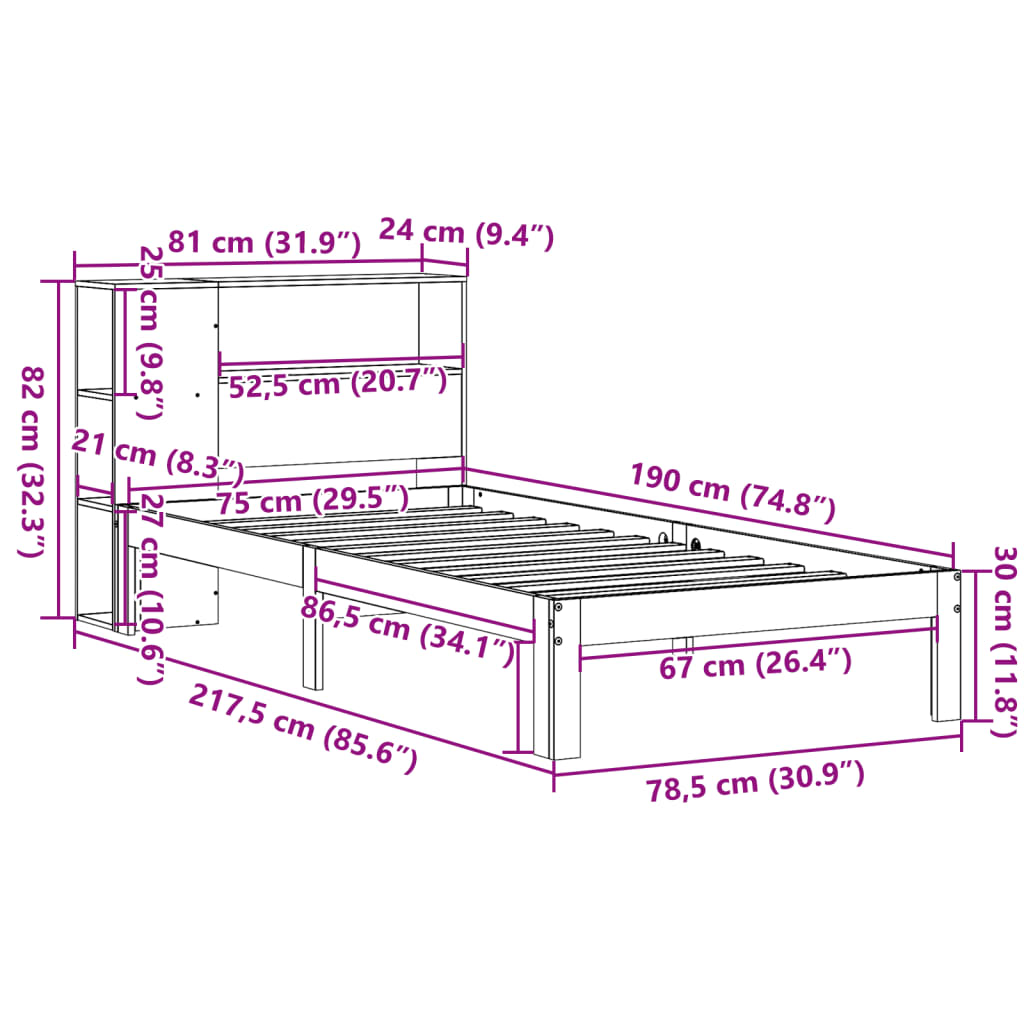Bed met boekenkast zonder matras massief grenenhout 75x190 cm – afbeelding 11