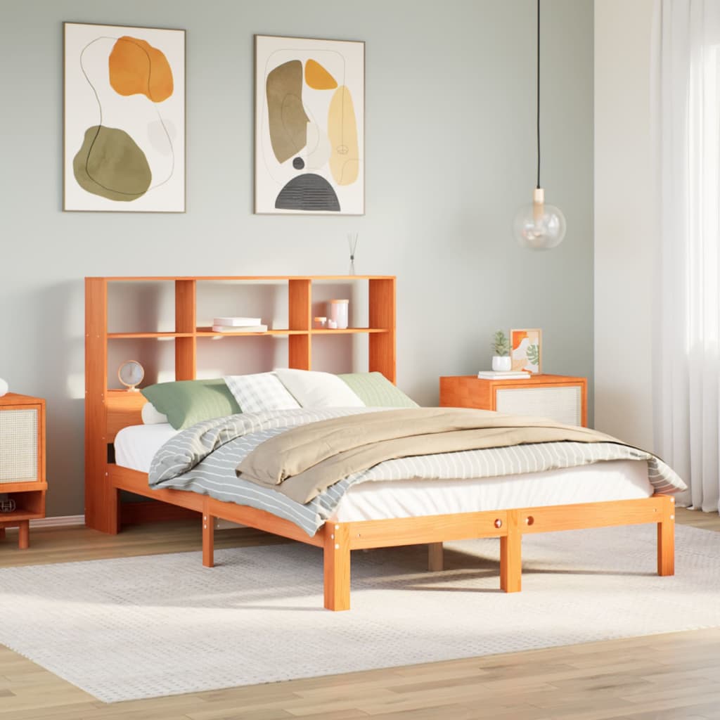 Bed met boekenkast zonder matras grenenhout wasbruin 120x190 cm – afbeelding 1