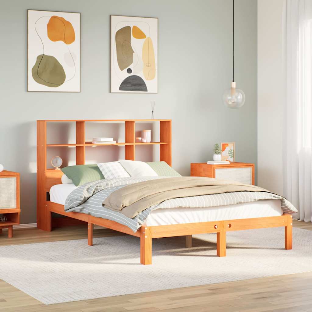 Bed met boekenkast zonder matras grenenhout wasbruin 135x190 cm – afbeelding 1
