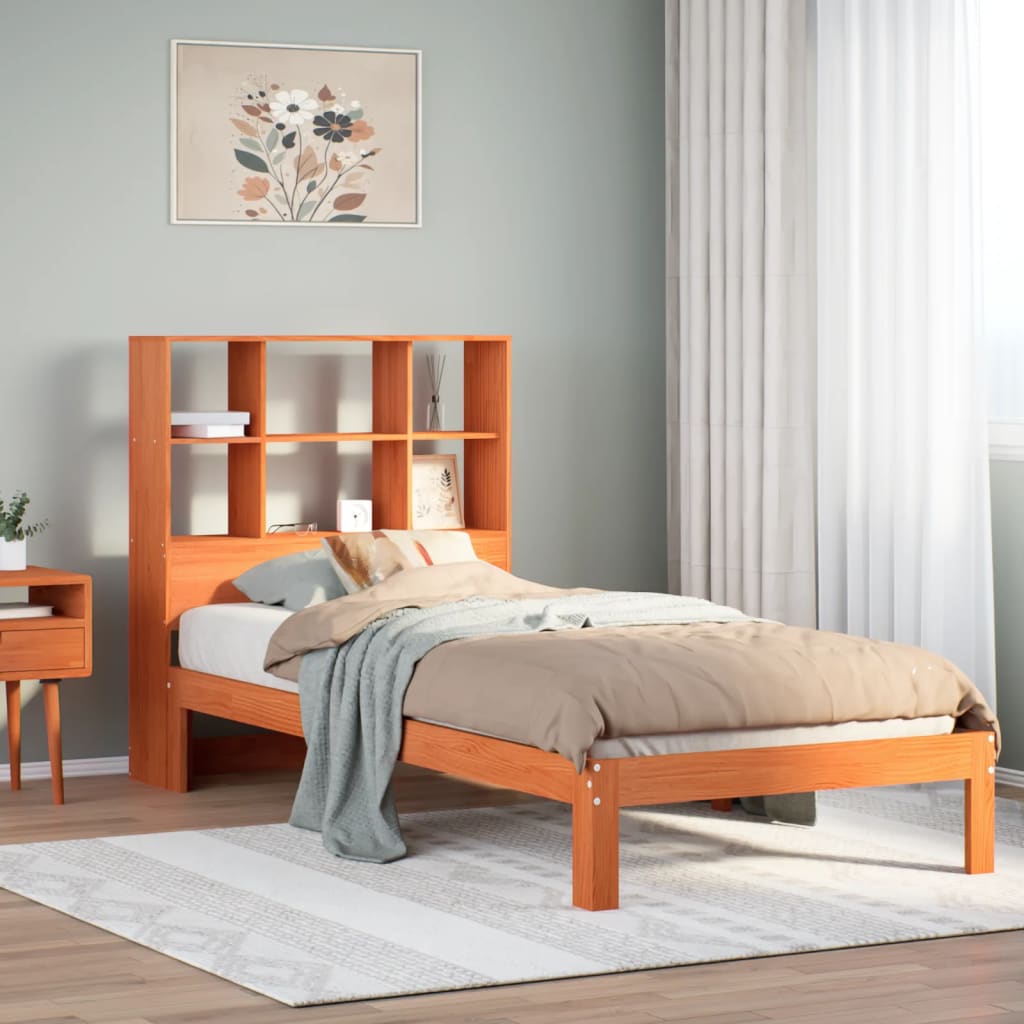 Bed met boekenkast zonder matras grenenhout wasbruin 100x200 cm – afbeelding 1