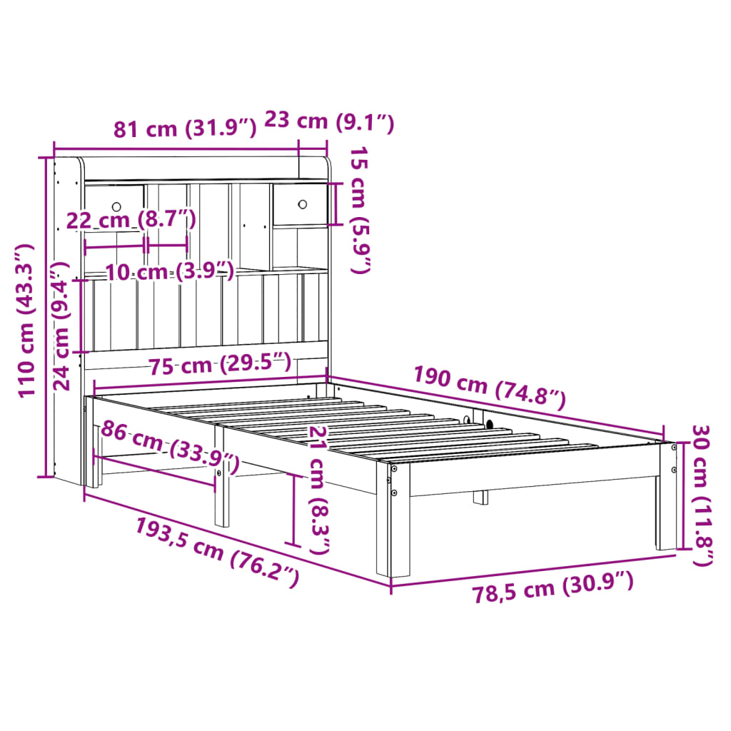 Bed met boekenkast zonder matras massief grenenhout 75x190 cm – afbeelding 11