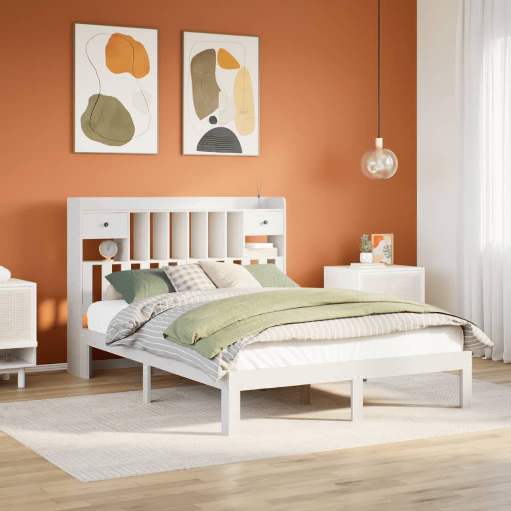 Bed met boekenkast zonder matras grenenhout wit 140x200 cm – afbeelding 1