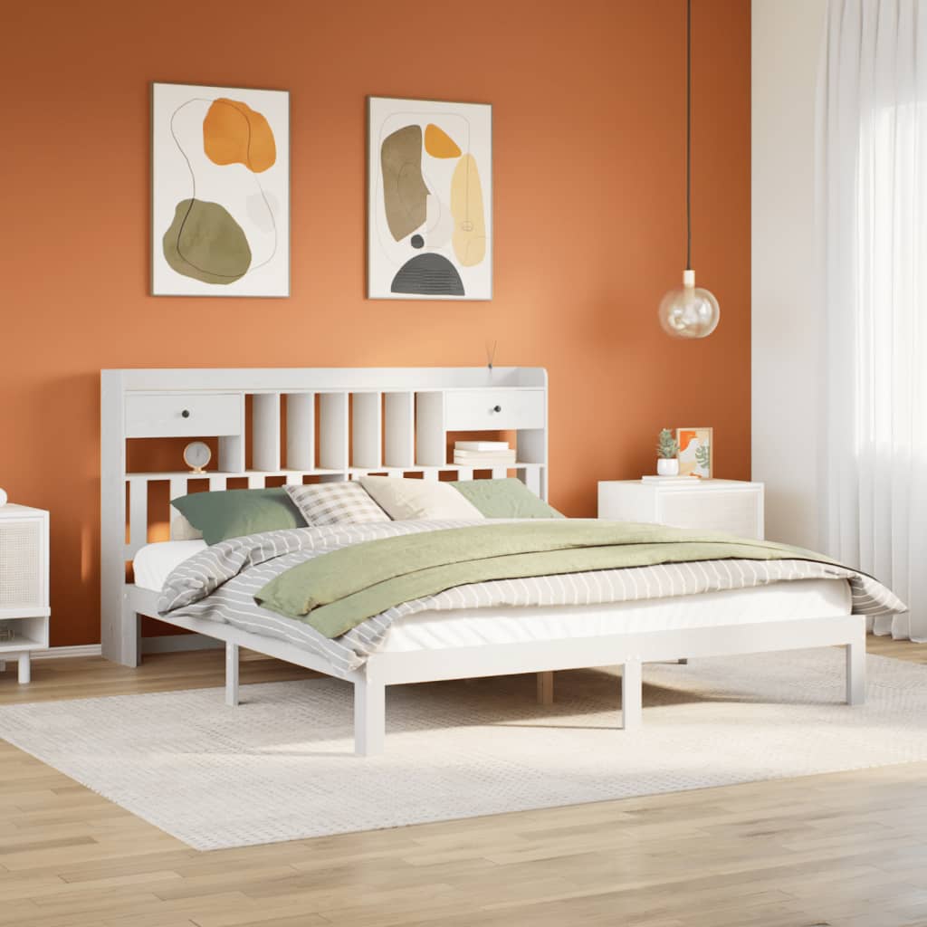 Bed met boekenkast zonder matras grenenhout wit 180x200 cm – afbeelding 1