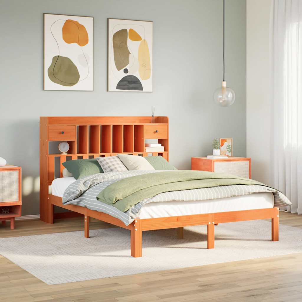Bed met boekenkast zonder matras grenenhout wasbruin 135x190 cm – afbeelding 1