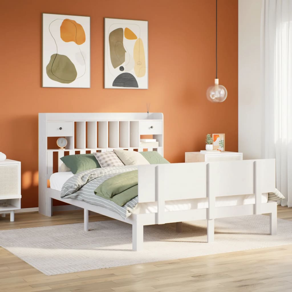 Bed met boekenkast zonder matras grenenhout wit 150x200 cm – afbeelding 1