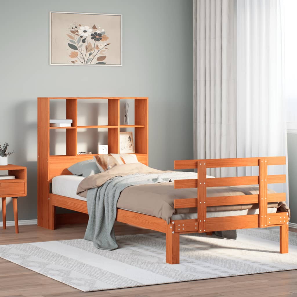 Bed met boekenkast zonder matras grenenhout wasbruin 100x200 cm – afbeelding 1