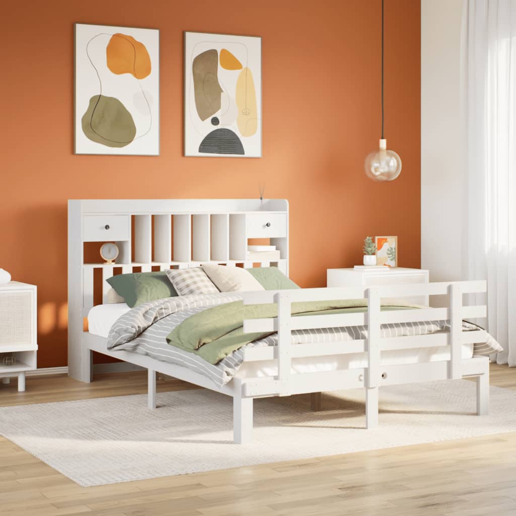Bed met boekenkast zonder matras grenenhout wit 140x190 cm – afbeelding 1