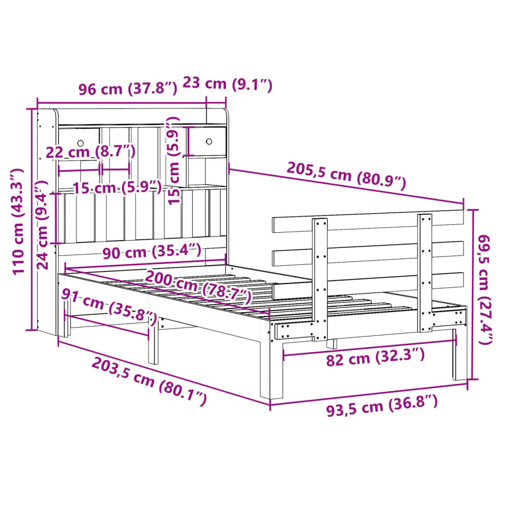 Bed met boekenkast zonder matras massief grenenhout 90x200 cm – afbeelding 11