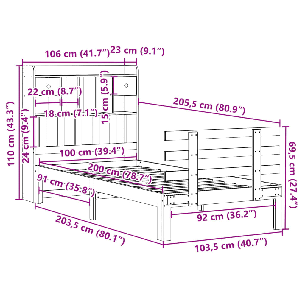 Bed met boekenkast zonder matras massief grenenhout 100x200 cm – afbeelding 11