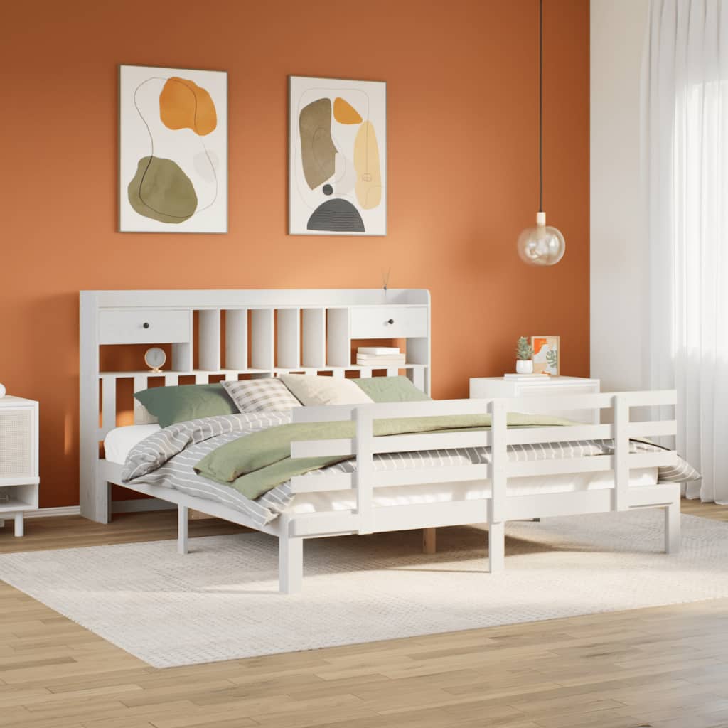 Bed met boekenkast zonder matras grenenhout wit 180x200 cm – afbeelding 1
