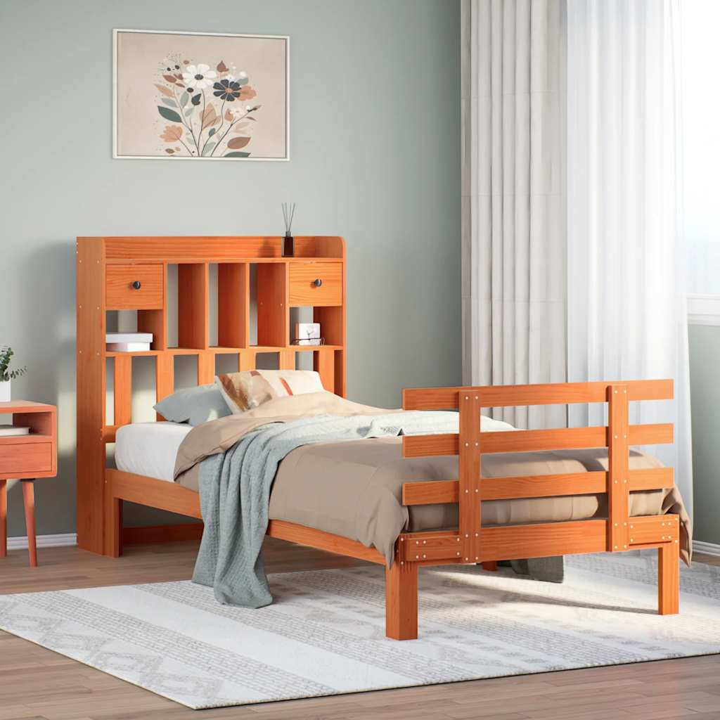 Bed met boekenkast zonder matras grenenhout wasbruin 100x200 cm – afbeelding 1