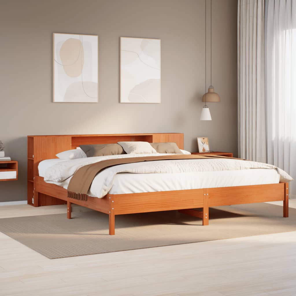 Bed met boekenkast zonder matras grenenhout wasbruin 200x200 cm – afbeelding 1
