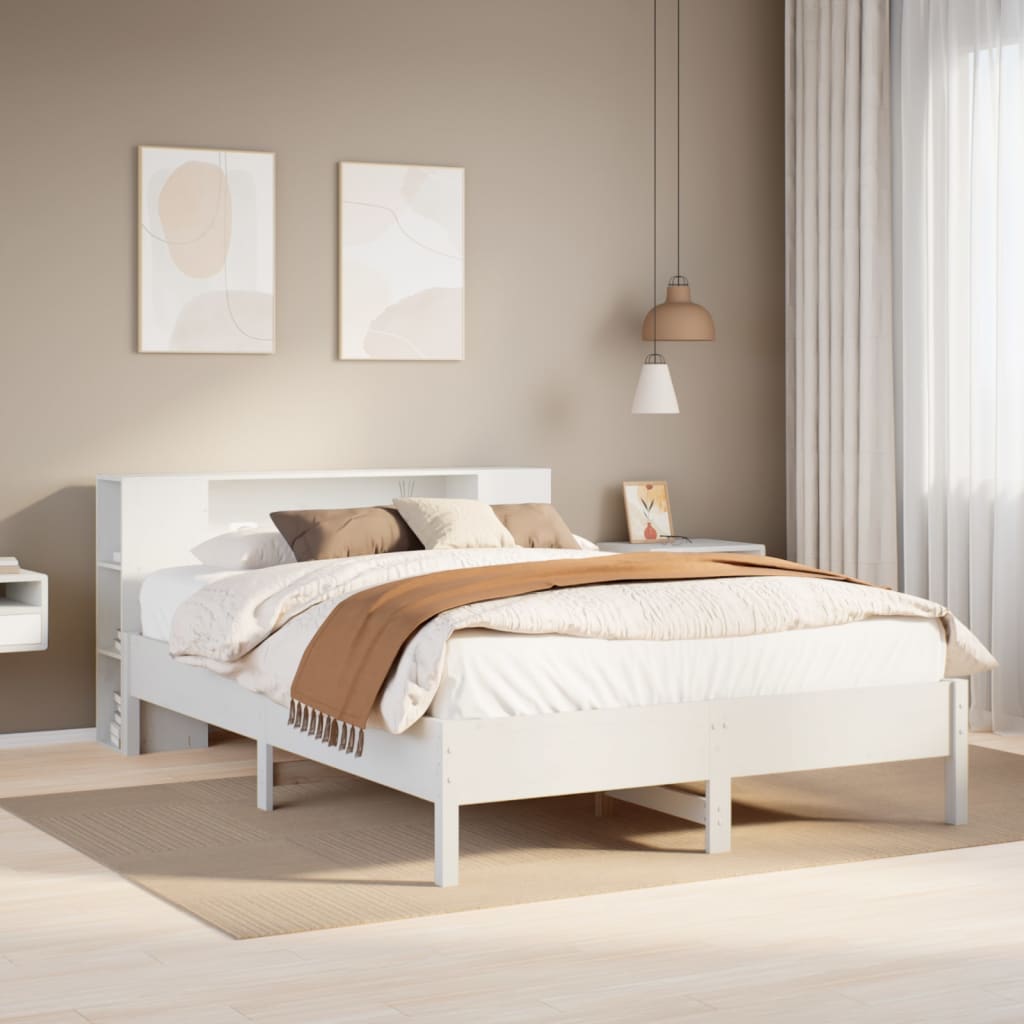 Bed met boekenkast zonder matras grenenhout wit 150x200 cm – afbeelding 1