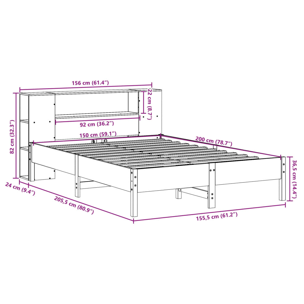 Bed met boekenkast zonder matras grenenhout wit 150x200 cm – afbeelding 11