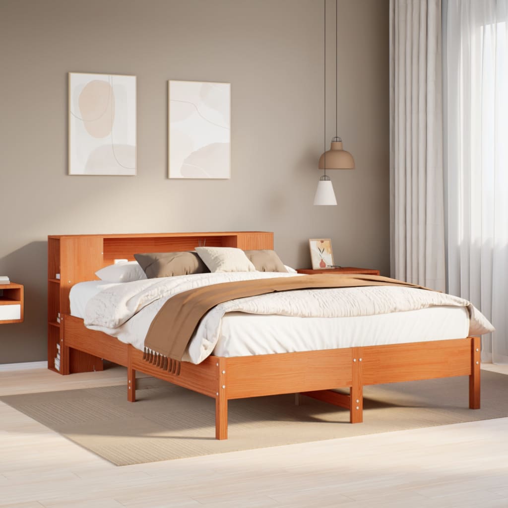 Bed met boekenkast zonder matras grenenhout wasbruin 150x200 cm – afbeelding 1