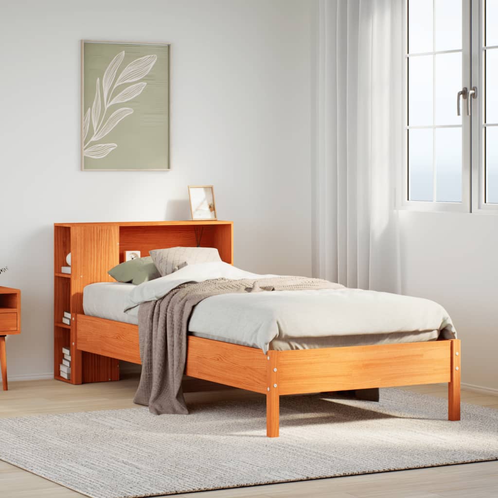 Bed met boekenkast zonder matras grenenhout wasbruin 100x200 cm – afbeelding 1