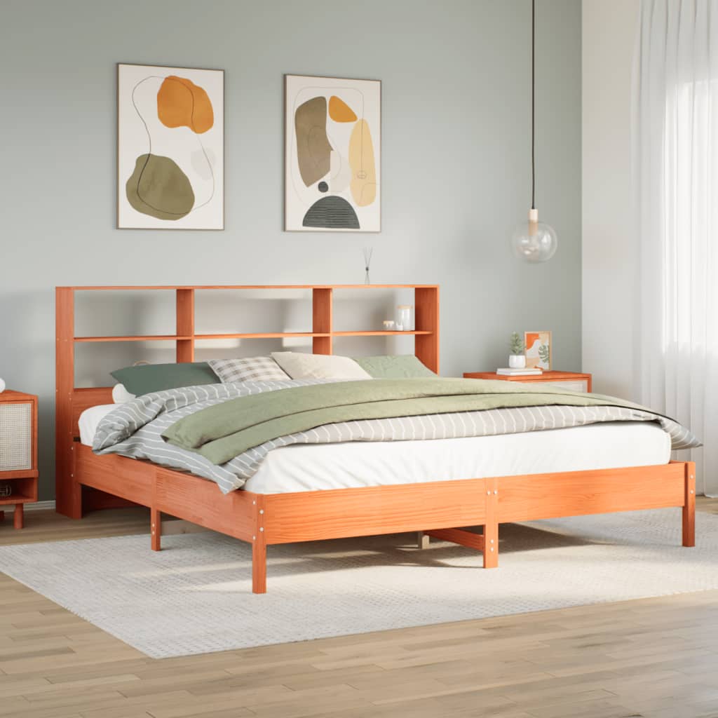 Bed met boekenkast zonder matras grenenhout wasbruin 180x200 cm – afbeelding 1