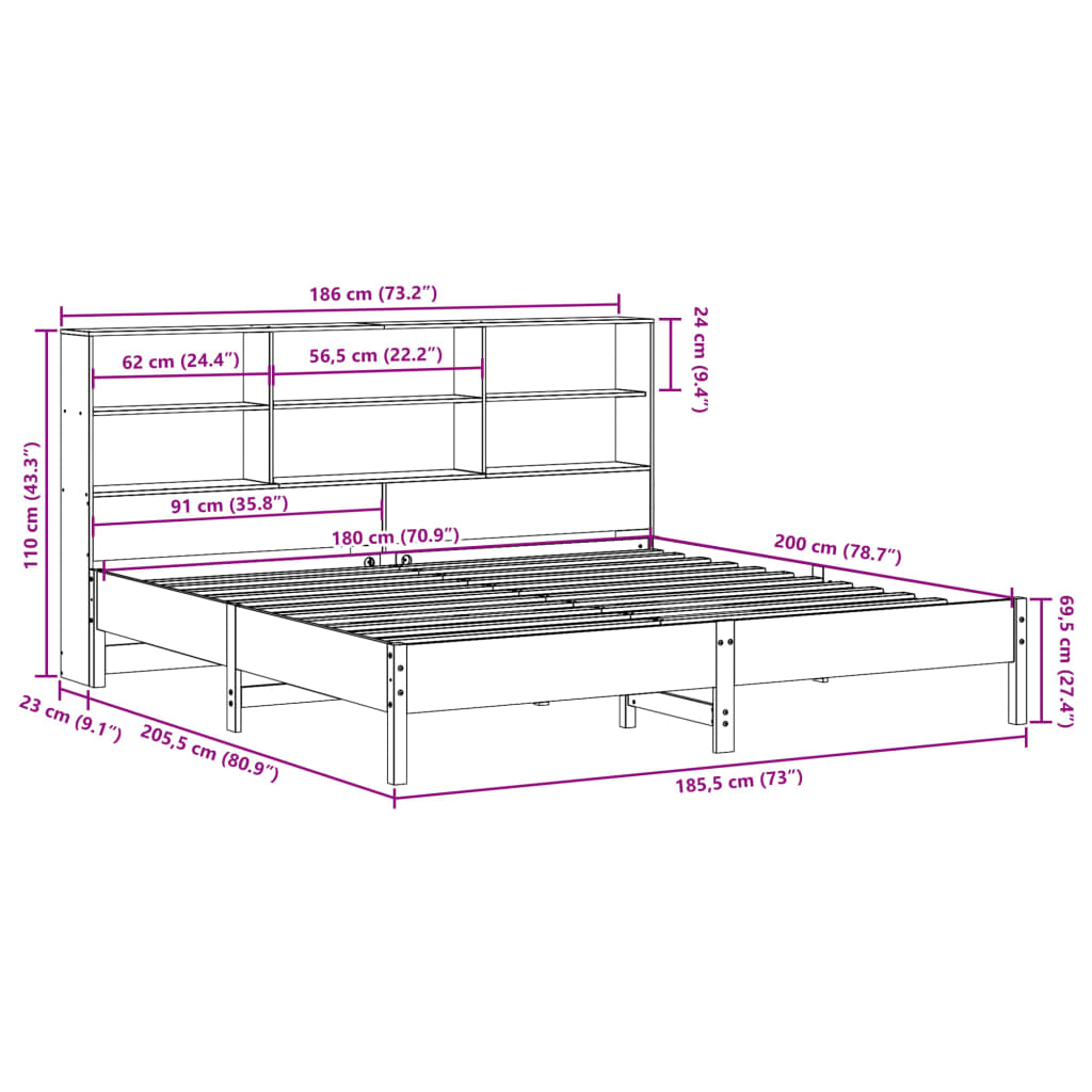 Bed met boekenkast zonder matras grenenhout wasbruin 180x200 cm – afbeelding 11