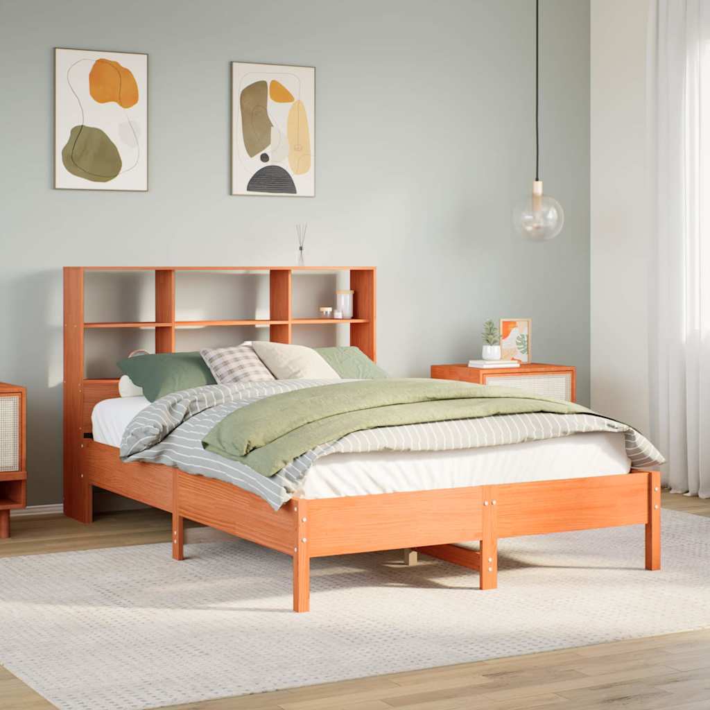 Bed met boekenkast zonder matras grenenhout wasbruin 120x200 cm – afbeelding 1