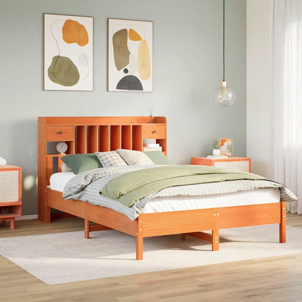 Bed met boekenkast zonder matras grenenhout wasbruin 160x200 cm – afbeelding 1