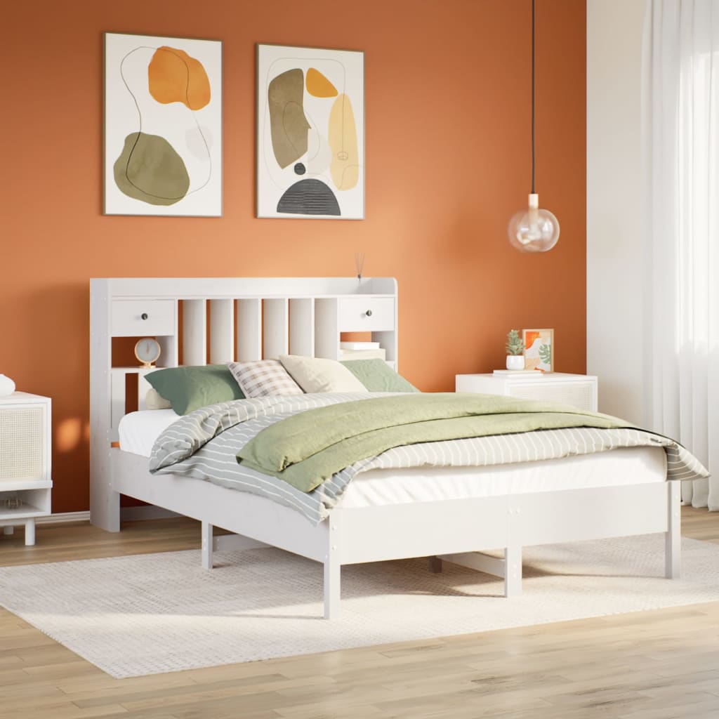 Bed met boekenkast zonder matras grenenhout wit 150x200 cm – afbeelding 1