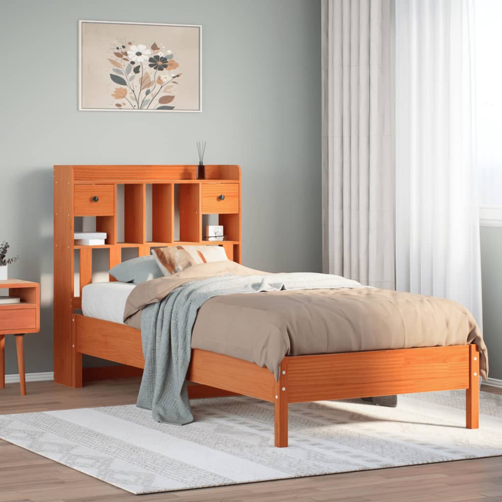 Bed met boekenkast zonder matras grenenhout wasbruin 75x190 cm – afbeelding 1