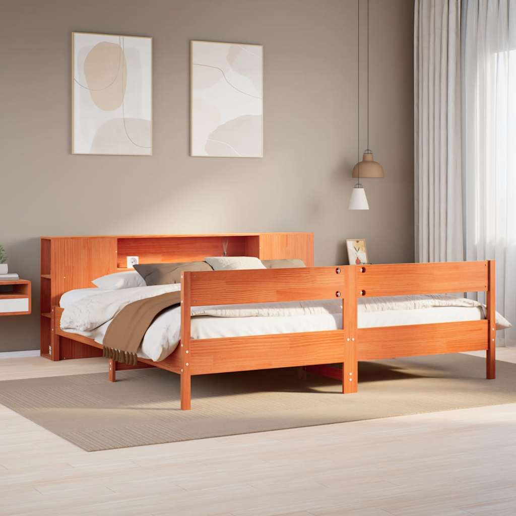 Bed met boekenkast zonder matras grenenhout wasbruin 200x200 cm – afbeelding 1