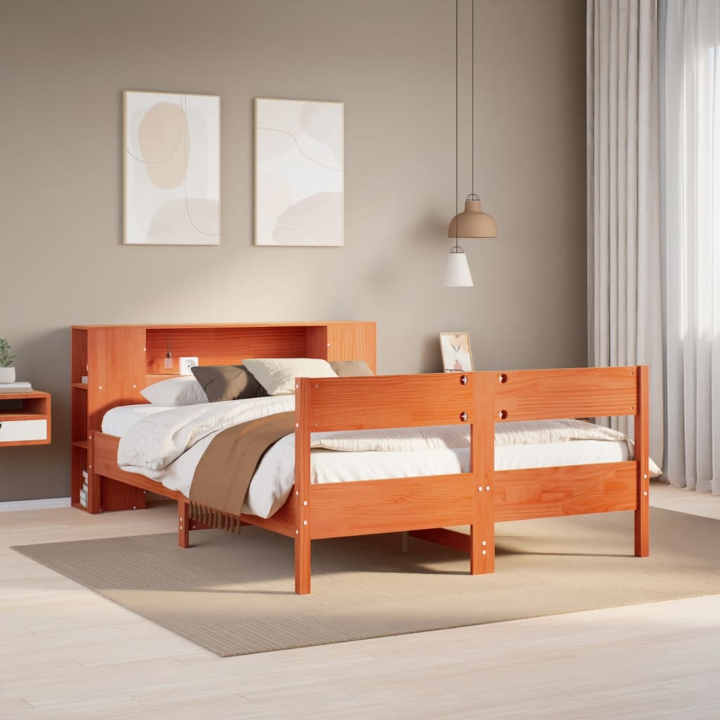 Bed met boekenkast zonder matras grenenhout wasbruin 135x190 cm – afbeelding 1