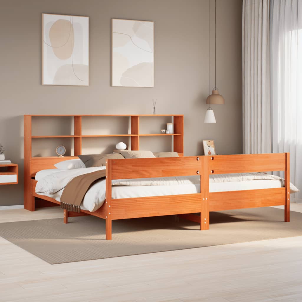 Bed met boekenkast zonder matras grenenhout wasbruin 200x200 cm – afbeelding 1